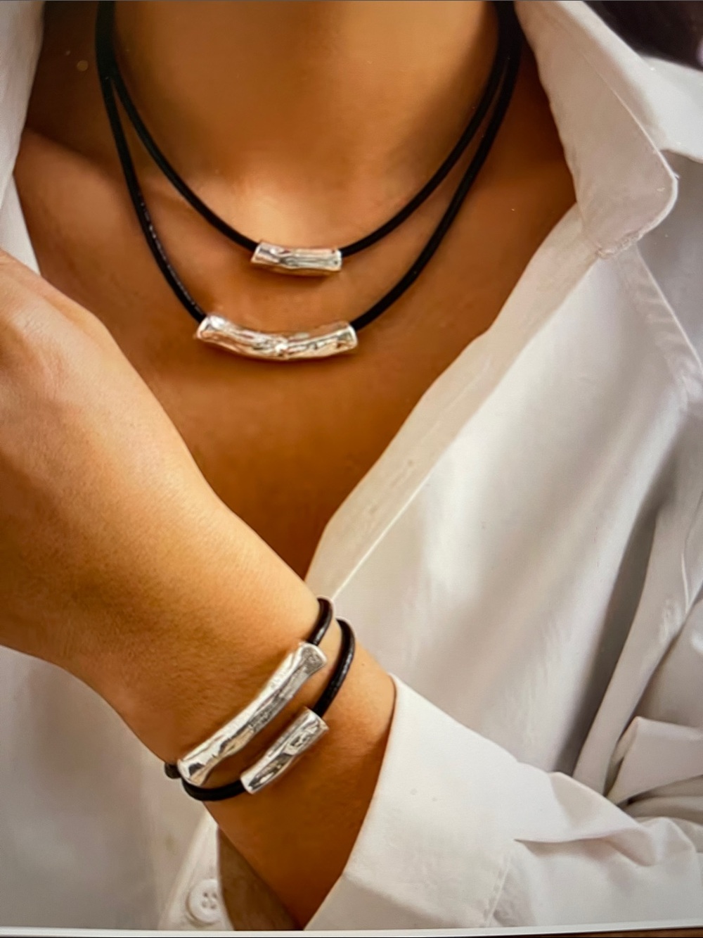NIB Double Layer Black Cord & Silver Bar Necklace and Bracelet Set